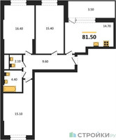 Планировка трехкомнатной(квартира) площадью 81.5 квадратных метров в “ЖК Рассказово”