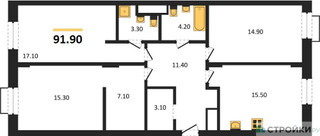 Планировка трехкомнатной(квартира) площадью 91.9 квадратных метров в “ЖК Резиденции Сколково”