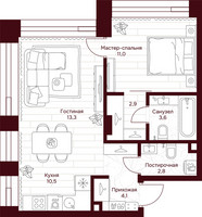 Планировка однокомнатной(квартира) площадью 48.2 квадратных метров в “ЖК Дом 7 Даниловский”