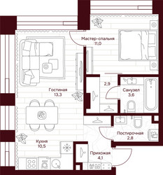 Планировка однокомнатной(квартира) площадью 48.2 квадратных метров в ЖК “ЖК Дом 7 Даниловский”