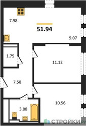 Планировка двухкомнатной(квартира) площадью 51.94 квадратных метров в ЖК “ЖК Остафьево”