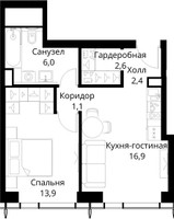 Планировка однокомнатной(квартира) площадью 42.9 квадратных метров в “ЖК Сити Бэй”