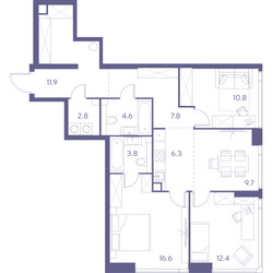 Планировка трехкомнатной(квартира) площадью 86.7 квадратных метров в ЖК “ЖК Лот от Аквилон”