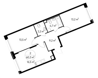 Планировка двухкомнатной(квартира) площадью 60.3 квадратных метров в ЖК “ЖК Переделкино Ближнее”