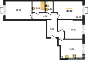 Планировка трехкомнатной(квартира) площадью 60.8 квадратных метров в “ЖК Лучи-2”