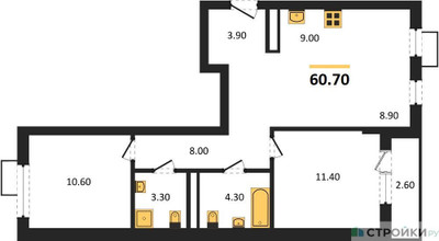 Планировка двухкомнатной(квартира) площадью 60.7 квадратных метров в ЖК “ЖК Прокшино”