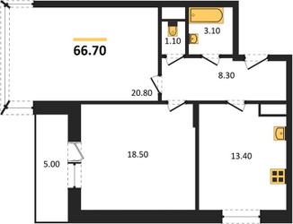 Планировка двухкомнатной(квартира) площадью 66.7 квадратных метров в ЖК “ЖК Эдельвейс (Первомайское)”