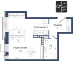 Планировка студии(квартира) площадью 32.4 квадратных метров в “ЖК КИНОКВАРТАЛ”