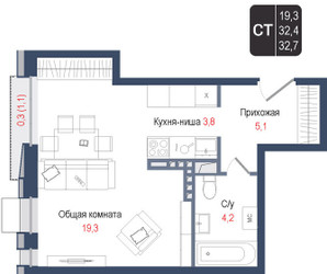 Планировка студии(квартира) площадью 32.4 квадратных метров в ЖК “ЖК КИНОКВАРТАЛ”