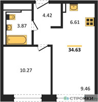 Планировка однокомнатной(квартира) площадью 34.63 квадратных метров в “ЖК Пригород Лесное”