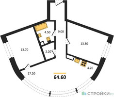 Планировка двухкомнатной(квартира) площадью 64.6 квадратных метров в “ЖК Родина Переделкино”