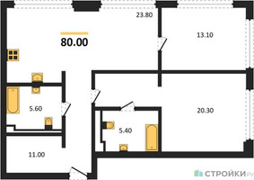 Планировка двухкомнатной(квартира) площадью 80 квадратных метров в “ЖК СТОУН Грэйн”