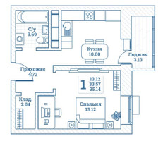 Планировка однокомнатной(квартира) площадью 35.14 квадратных метров в “ЖК Новоград Монино”