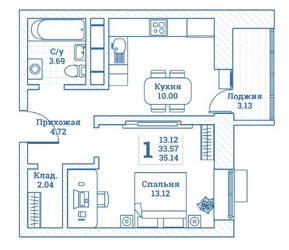 Планировка однокомнатной(квартира) площадью 35.14 квадратных метров в ЖК “ЖК Новоград Монино”
