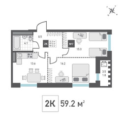 Планировка двухкомнатной(квартира) площадью 59.2 квадратных метров в ЖК “ЖК Зеленоград Ривьера”