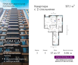 Планировка трехкомнатной(квартира) площадью 97.1 квадратных метров в ЖК “ЖК Преображенская Площадь”