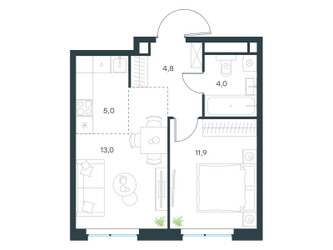 Планировка двухкомнатной(квартира) площадью 38.7 квадратных метров в ЖК “ЖК Левел Мичуринский”