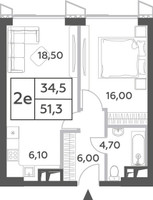 Планировка двухкомнатной(квартира) площадью 51.3 квадратных метров в “ЖК Will Towers (Вилл Тауэрс)”
