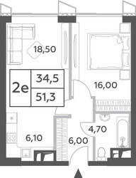 Планировка двухкомнатной(квартира) площадью 51.3 квадратных метров в ЖК “ЖК Will Towers (Вилл Тауэрс)”