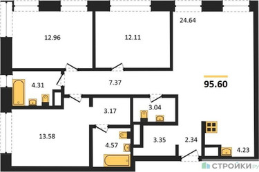 Планировка трехкомнатной(квартира) площадью 95.6 квадратных метров в ЖК “ЖК Собрание клубных домов West Garden (Вест Гарден)”