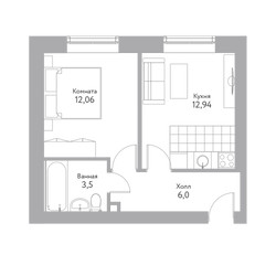 Планировка однокомнатной(квартира) площадью 34.5 квадратных метров в ЖК “Дом+ (Дом Плюс)”