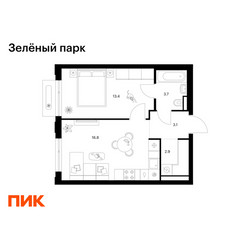 Планировка однокомнатной(квартира) площадью 39.9 квадратных метров в ЖК “ЖК Зеленый парк”