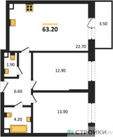 Планировка двухкомнатной(квартира) площадью 64.3 квадратных метров в “ЖК Одинцовские кварталы”
