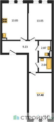 Планировка двухкомнатной(квартира) площадью 57.4 квадратных метров в ЖК “ЖК Остафьево”