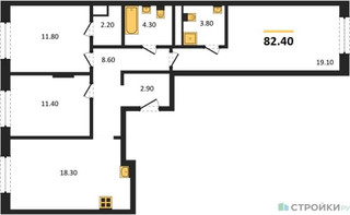 Планировка трехкомнатной(квартира) площадью 82.4 квадратных метров в “ЖК Детали”