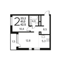Планировка двухкомнатной(квартира) площадью 42.5 квадратных метров в “Новые Ватутинки. Заречный”