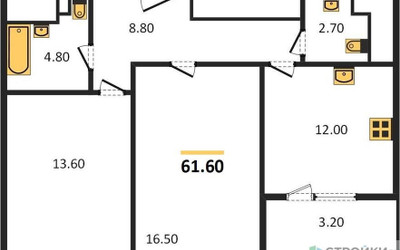 Планировка двухкомнатной(квартира) площадью 61.6 квадратных метров в ЖК “ЖК Режиссер”