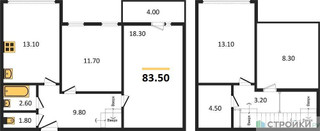 Планировка двухкомнатной(квартира) площадью 82.6 квадратных метров в “ЖК Датский Квартал”