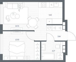 Планировка однокомнатной(квартира) площадью 39.68 квадратных метров в “ЖК TATE (Тэйт)”