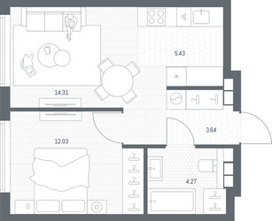 Планировка однокомнатной(квартира) площадью 39.68 квадратных метров в ЖК “ЖК TATE (Тэйт)”