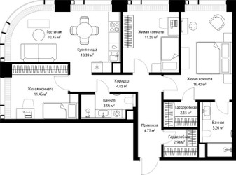 Планировка трехкомнатной(квартира) площадью 84.71 квадратных метров в ЖК “ЖК Веер”