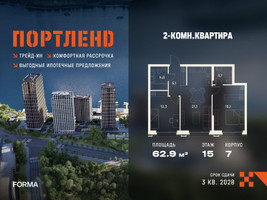 Планировка двухкомнатной(квартира) площадью 62.9 квадратных метров в “ЖК Портленд”