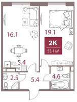 Планировка двухкомнатной(квартира) площадью 53.1 квадратных метров в “ЖК Legacy (Легаси)”