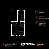 Планировка трехкомнатной(квартира) площадью 63.3 квадратных метров в “Апрелевка Клаб”