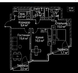Планировка двухкомнатной(квартира) площадью 78.6 квадратных метров в ЖК “ЖК СЕЗАР БУДУЩЕЕ”