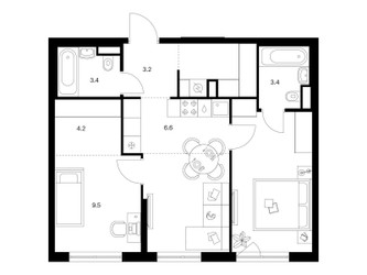 Планировка двухкомнатной(квартира) площадью 57.5 квадратных метров в ЖК “ЖК Кавказский бульвар 51”