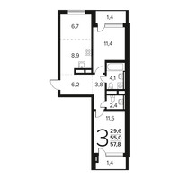 Планировка трехкомнатной(квартира) площадью 57.8 квадратных метров в “Новые Ватутинки. Заречный”