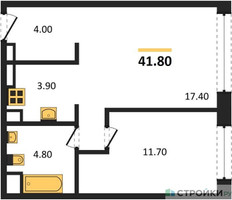 Планировка однокомнатной(квартира) площадью 41.8 квадратных метров в “ЖК Voice Towers (Войс Тауэрс)”