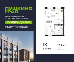 Планировка однокомнатной(квартира) площадью 28.4 квадратных метров в ЖК “ЖК Пушкино Град”