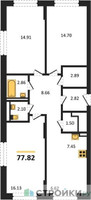 Планировка трехкомнатной(квартира) площадью 77.82 квадратных метров в “ЖК Рублевский Квартал”