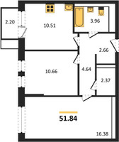 Планировка двухкомнатной(квартира) площадью 51.84 квадратных метров в “ЖК Квартал Сабурово”