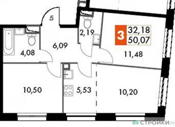 Планировка двухкомнатной(квартира) площадью 50.07 квадратных метров в ЖК “ЖК Движение. Говорово”