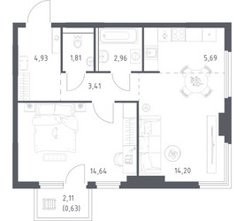 Планировка однокомнатной(квартира) площадью 48.27 квадратных метров в ЖК “ЖК Пригород Лесное”