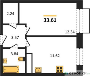 Планировка однокомнатной(квартира) площадью 33.61 квадратных метров в ЖК “ЖК Новоград Павлино”