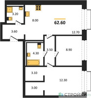 Планировка двухкомнатной(квартира) площадью 62.6 квадратных метров в “ЖК Равновесие”