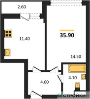 Планировка однокомнатной(квартира) площадью 35.9 квадратных метров в “ЖК Родные кварталы”